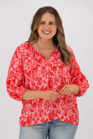 Gloss by Shine On Dana Tie Blouse Red Pink Floral