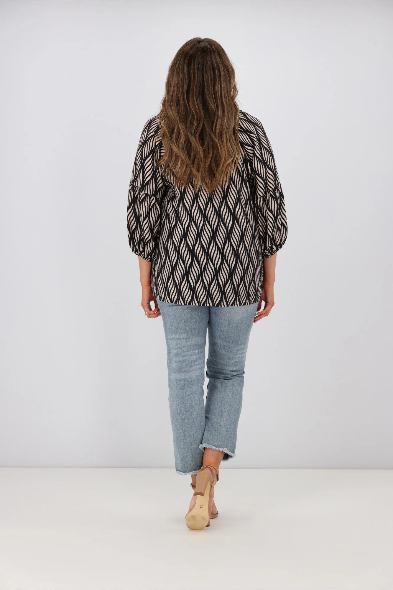 Gloss by Shine On Dana Tie Blouse Spiraling Geo Print