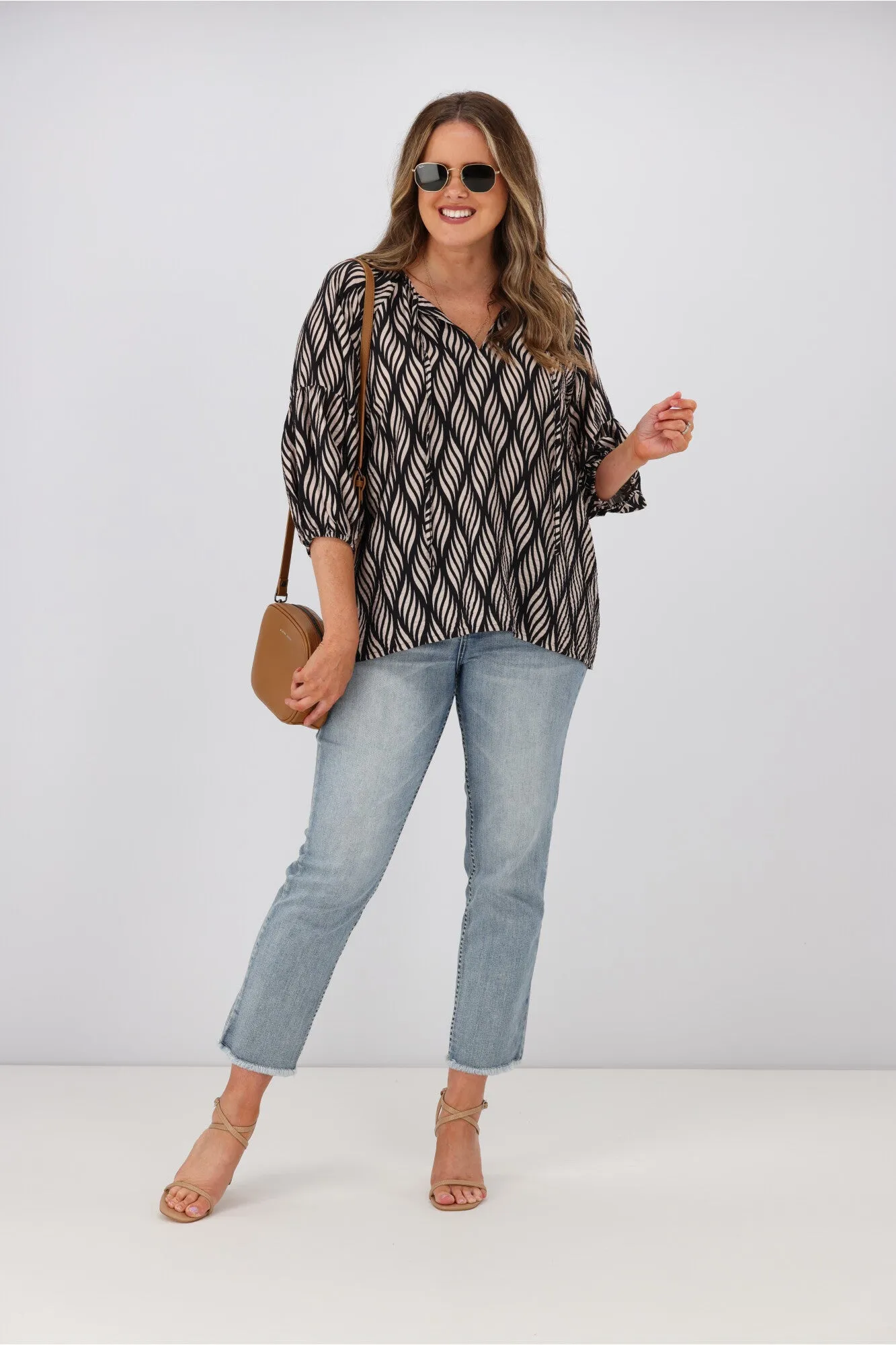 Gloss by Shine On Dana Tie Blouse Spiraling Geo Print