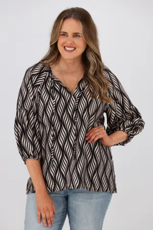 Gloss by Shine On Dana Tie Blouse Spiraling Geo Print