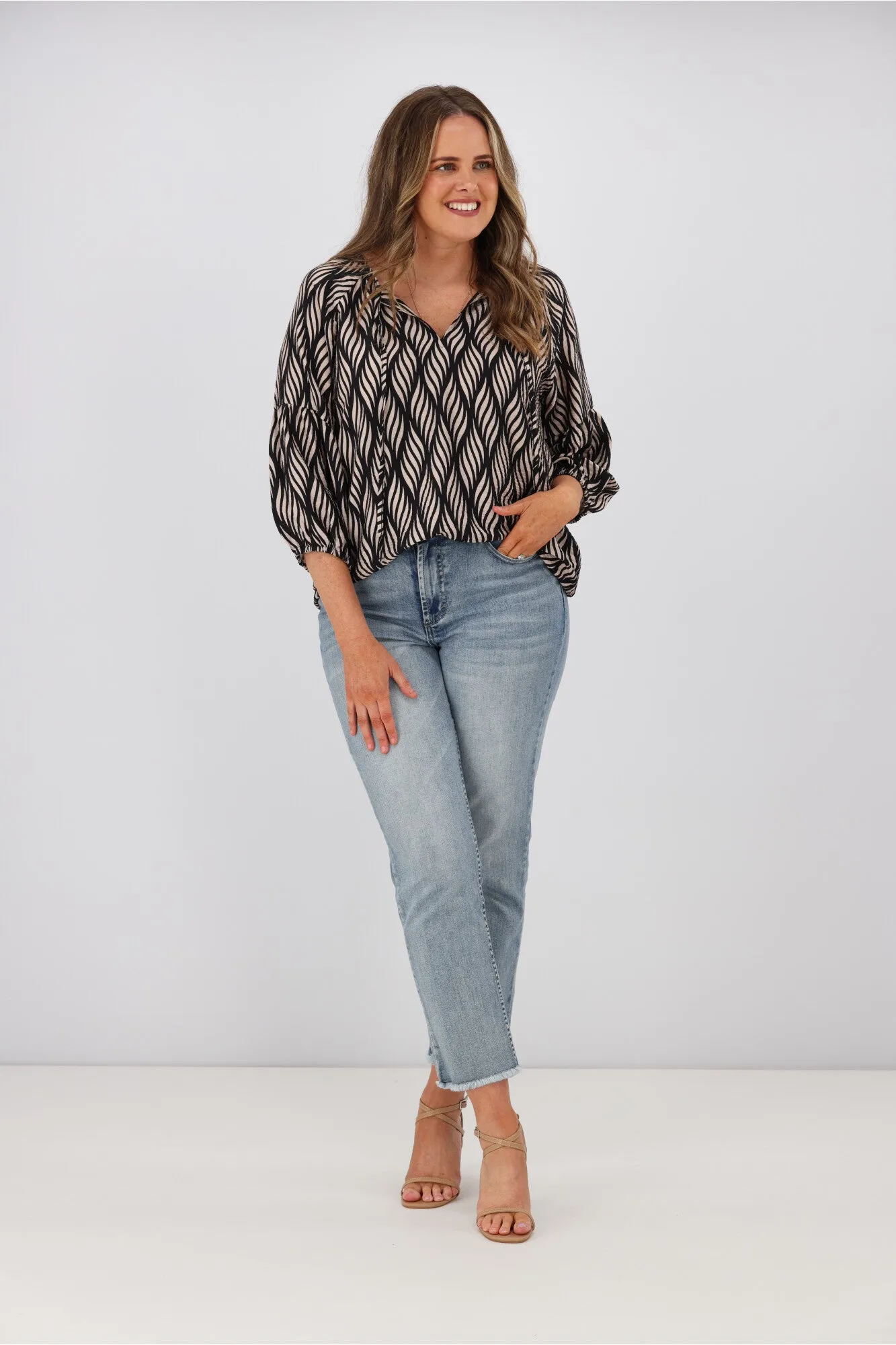 Gloss by Shine On Dana Tie Blouse Spiraling Geo Print