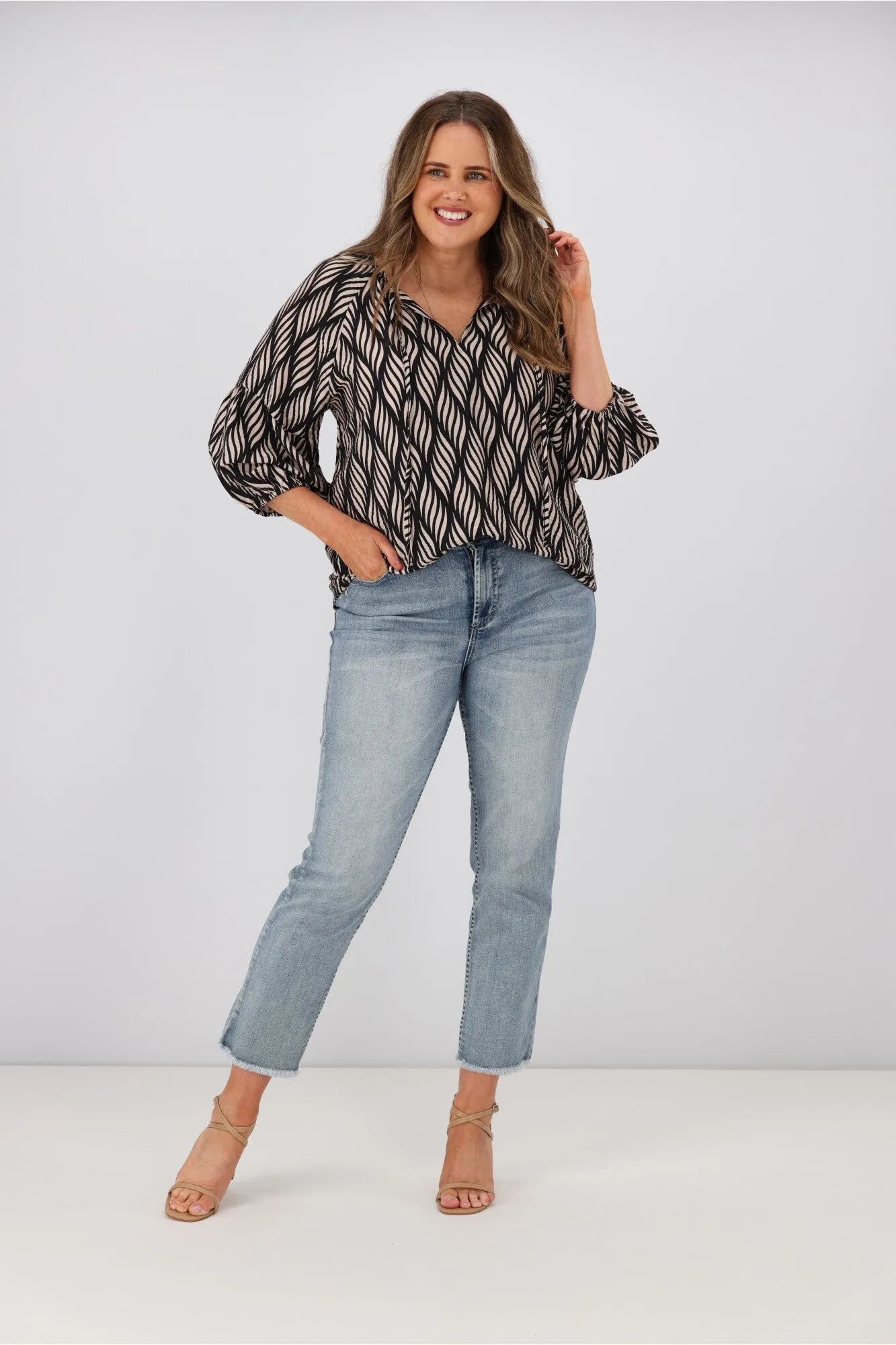 Gloss by Shine On Dana Tie Blouse Spiraling Geo Print