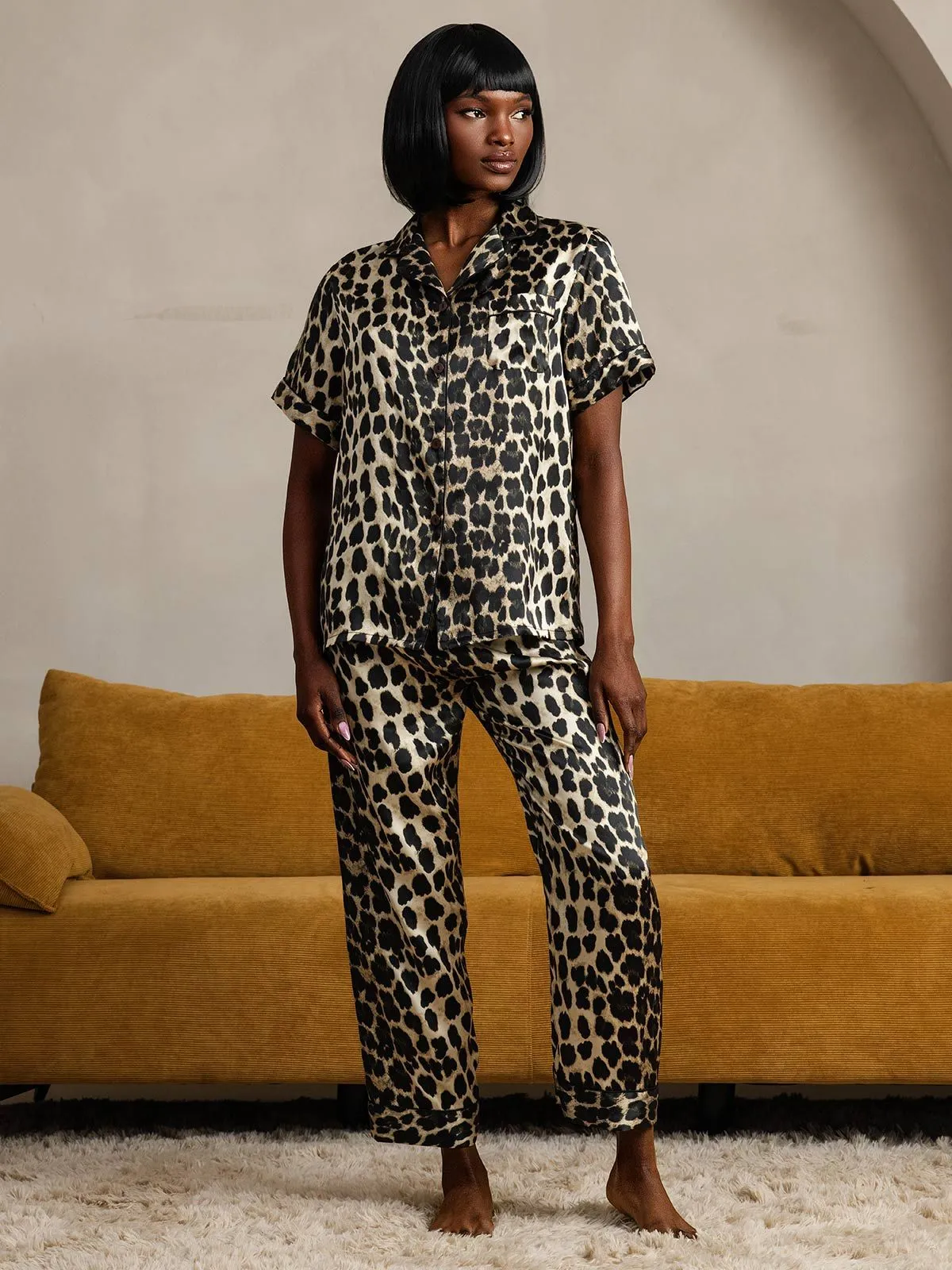 Pure Silk Leopard Pattern Short Sleeve Pants Pajamas
