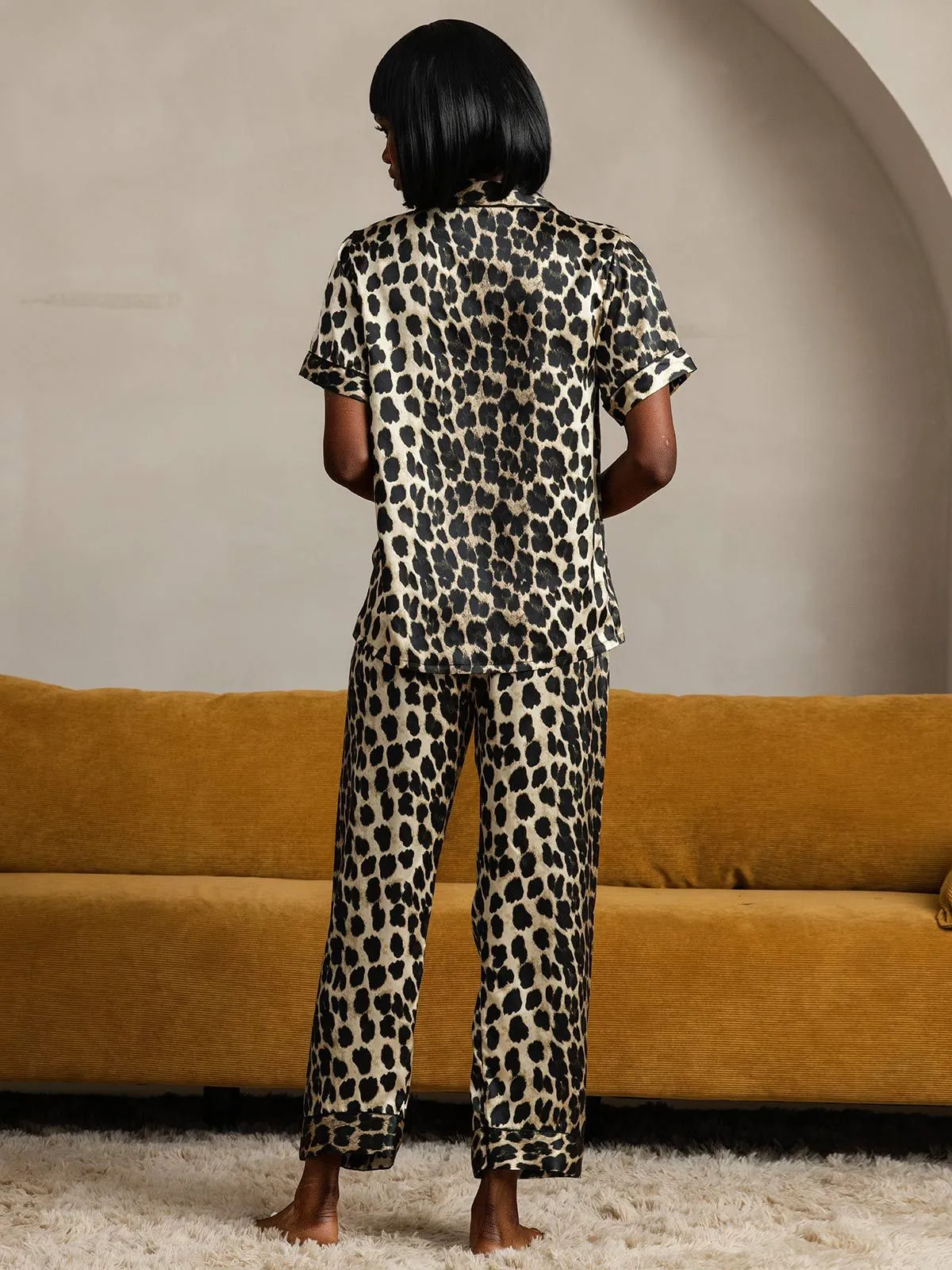 Pure Silk Leopard Pattern Short Sleeve Pants Pajamas