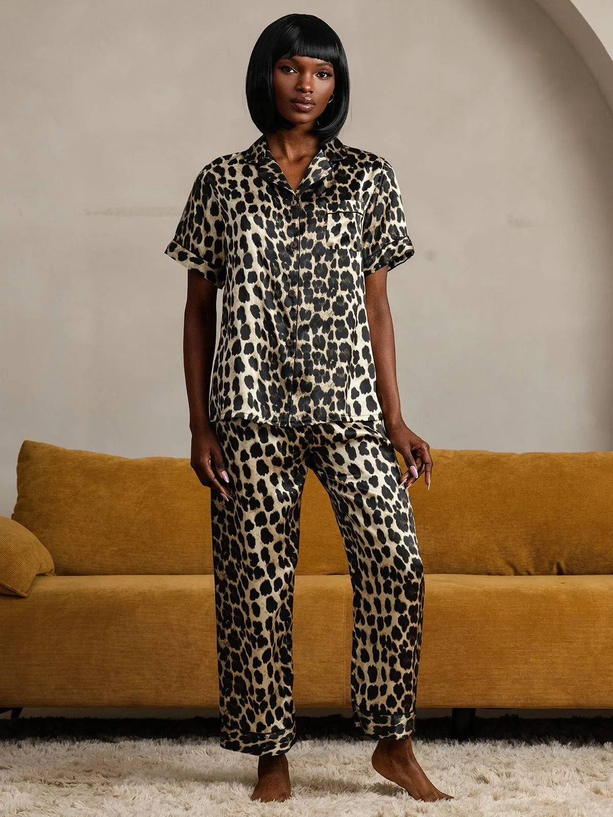Pure Silk Leopard Pattern Short Sleeve Pants Pajamas