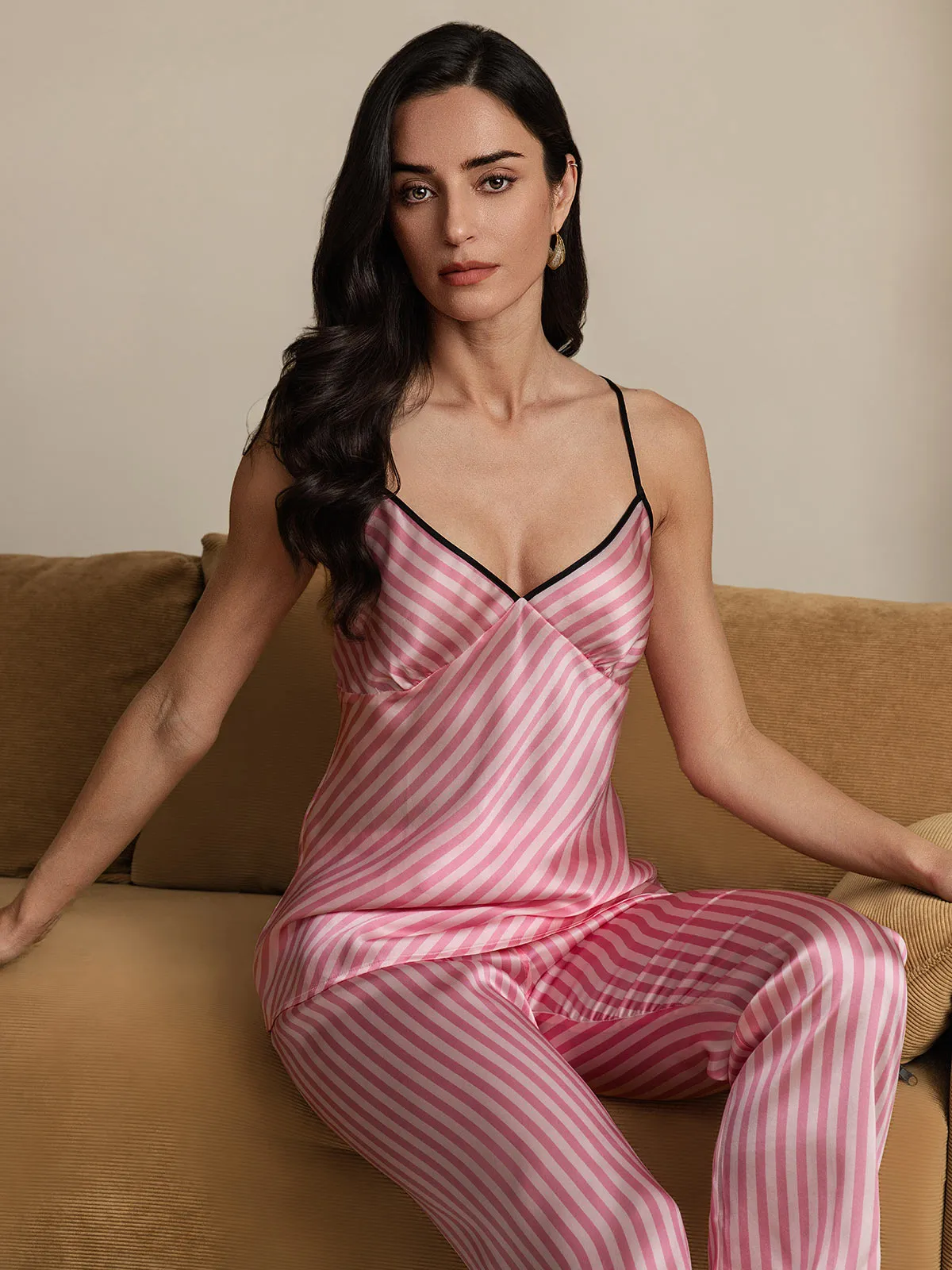 Pure Silk Striped Cami Pants Pajama Set