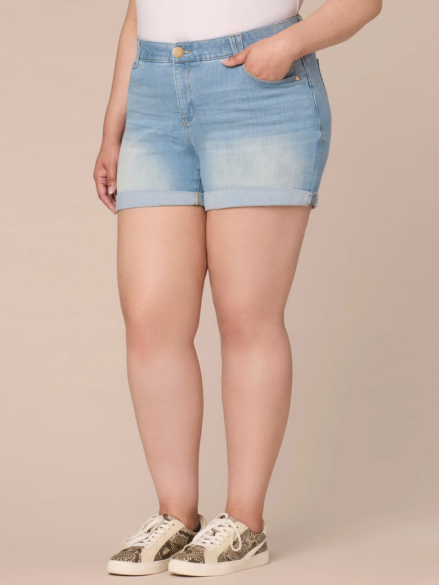 "Ab"solution Mid-Rise Plus Size Shorts with Angled Dart Seams