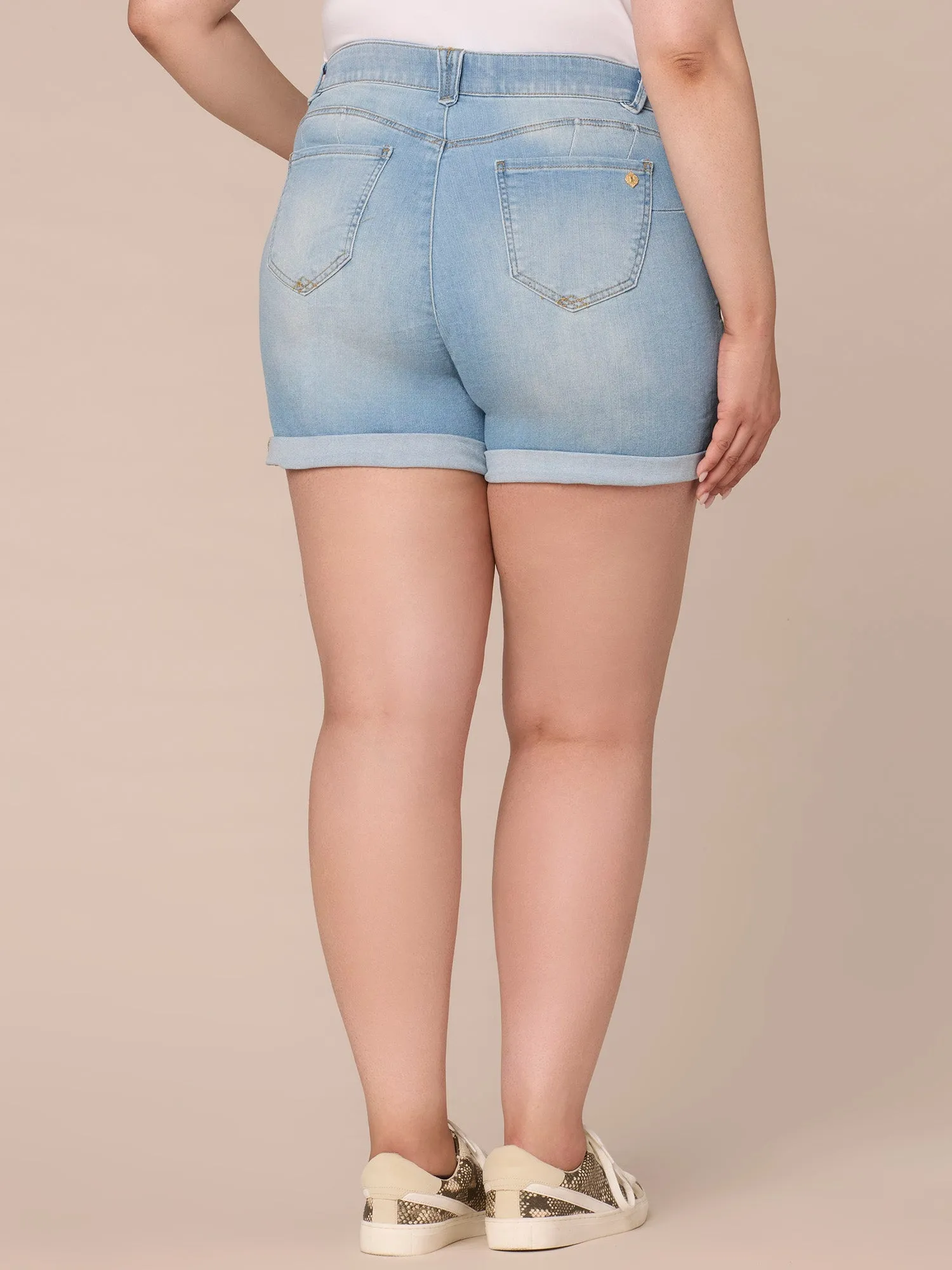 "Ab"solution Mid-Rise Plus Size Shorts with Angled Dart Seams