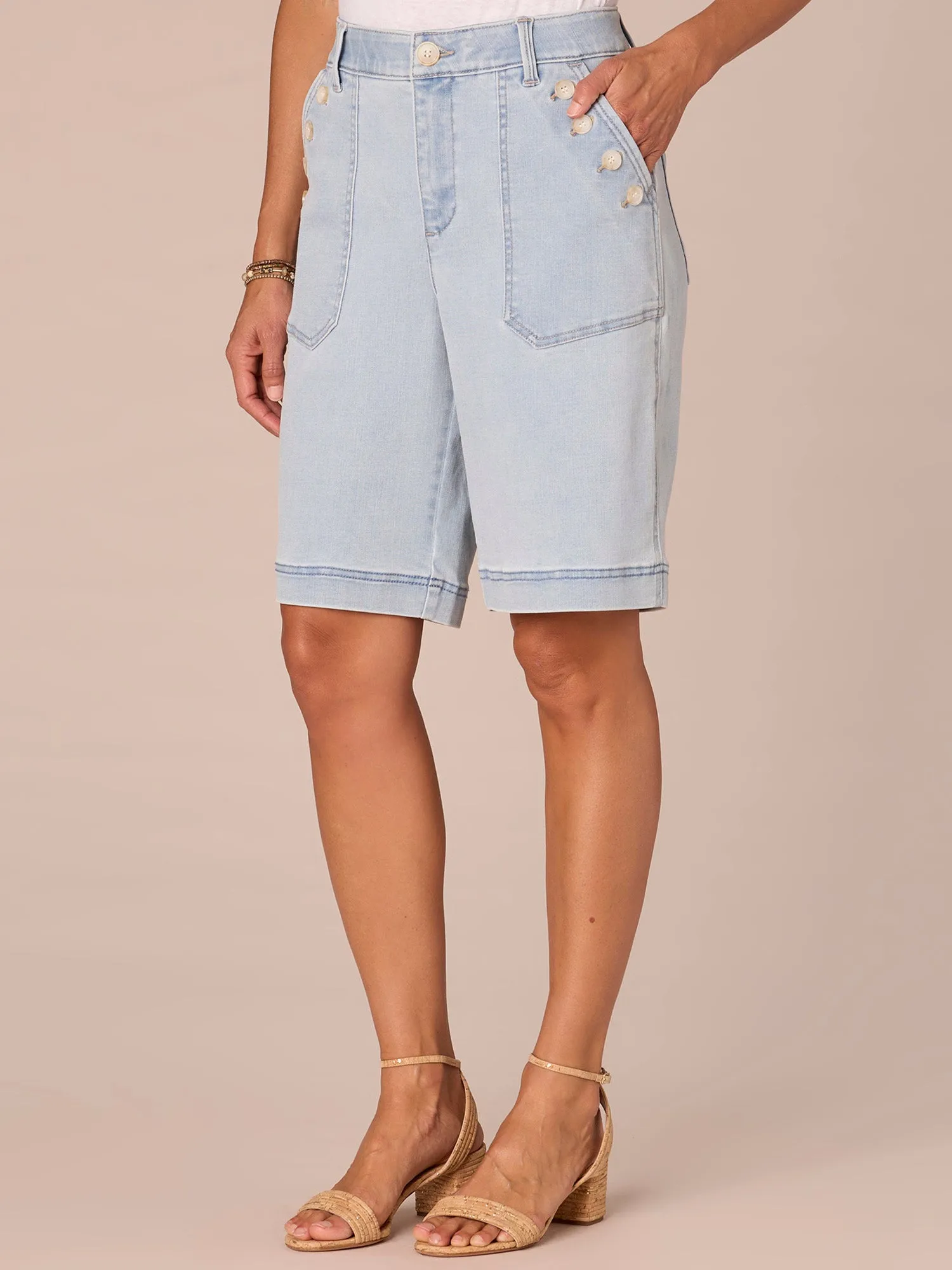 "Ab"solution Skyrise Sailor Button Patch Pocket Bermuda Shorts