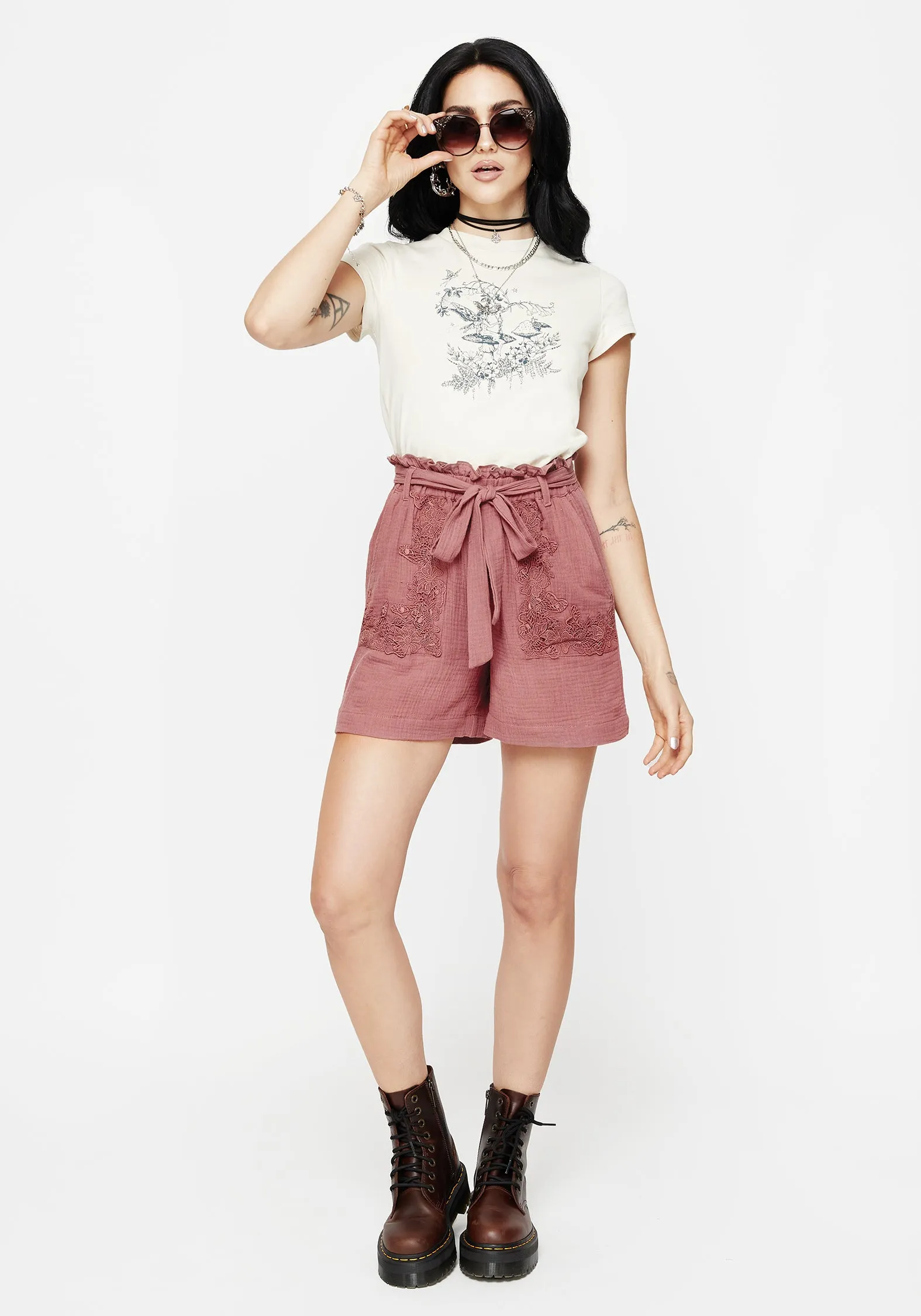 Rosamoth Applique Trim Cotton Tie Waist Shorts