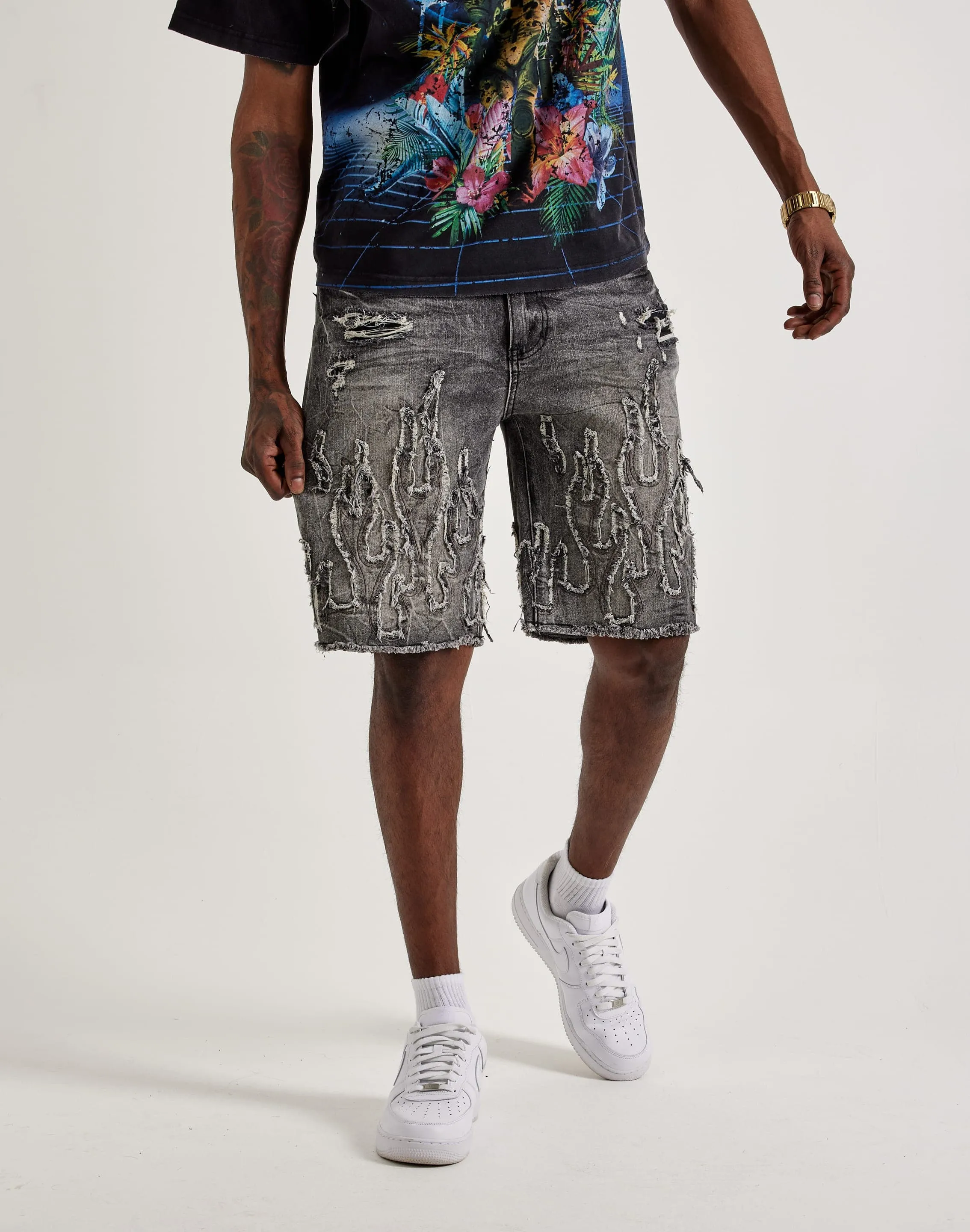 Smoke Rise Flame Applique Shorts