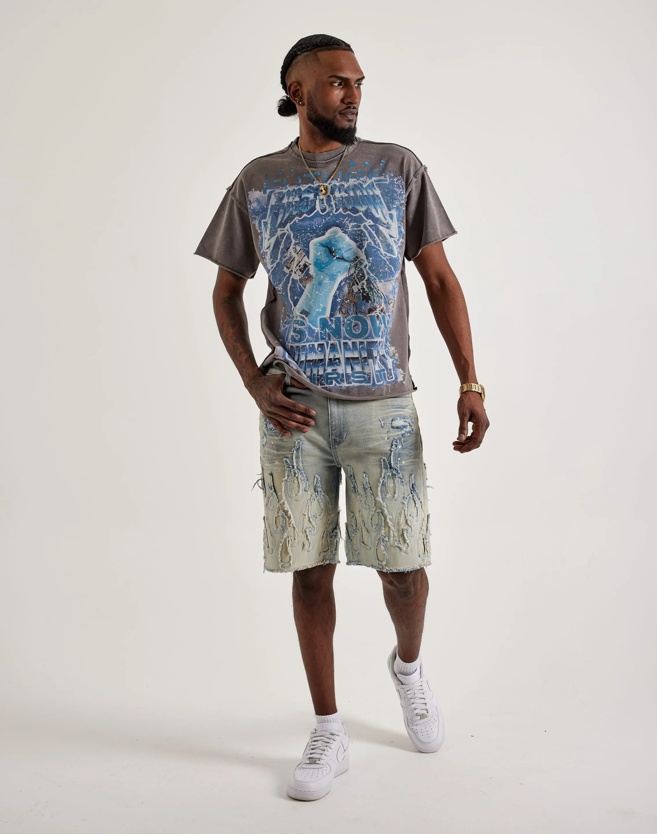 Smoke Rise Flame Applique Shorts