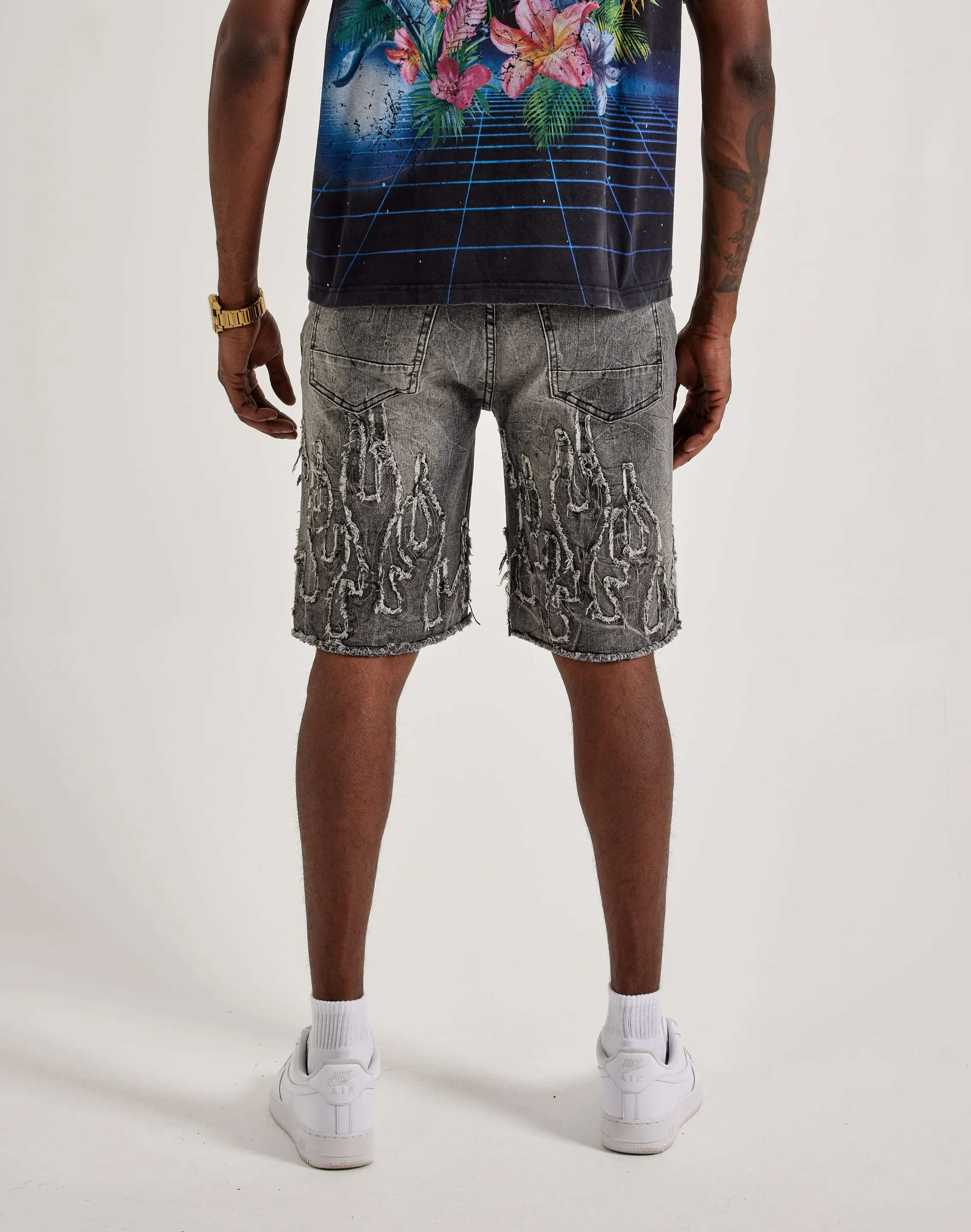 Smoke Rise Flame Applique Shorts