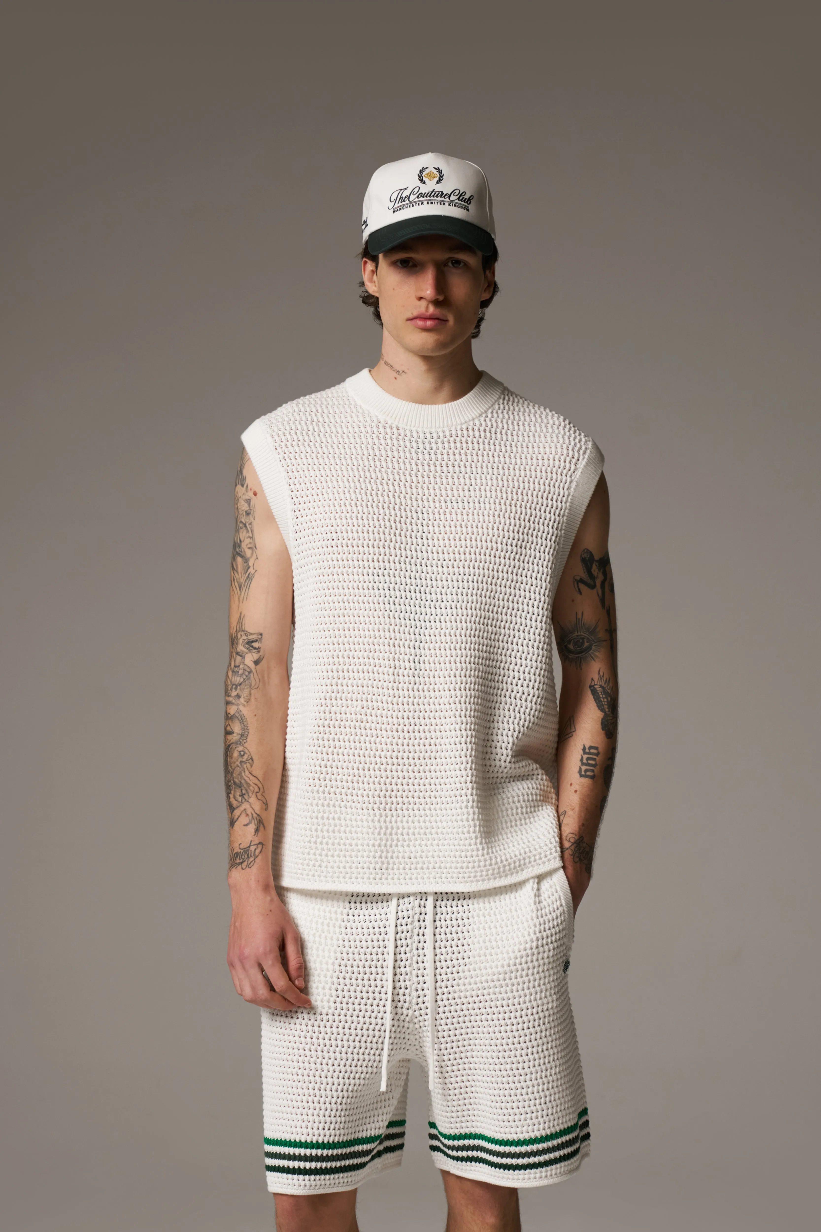 STRIPE CROCHET KNIT SHORTS - WHITE