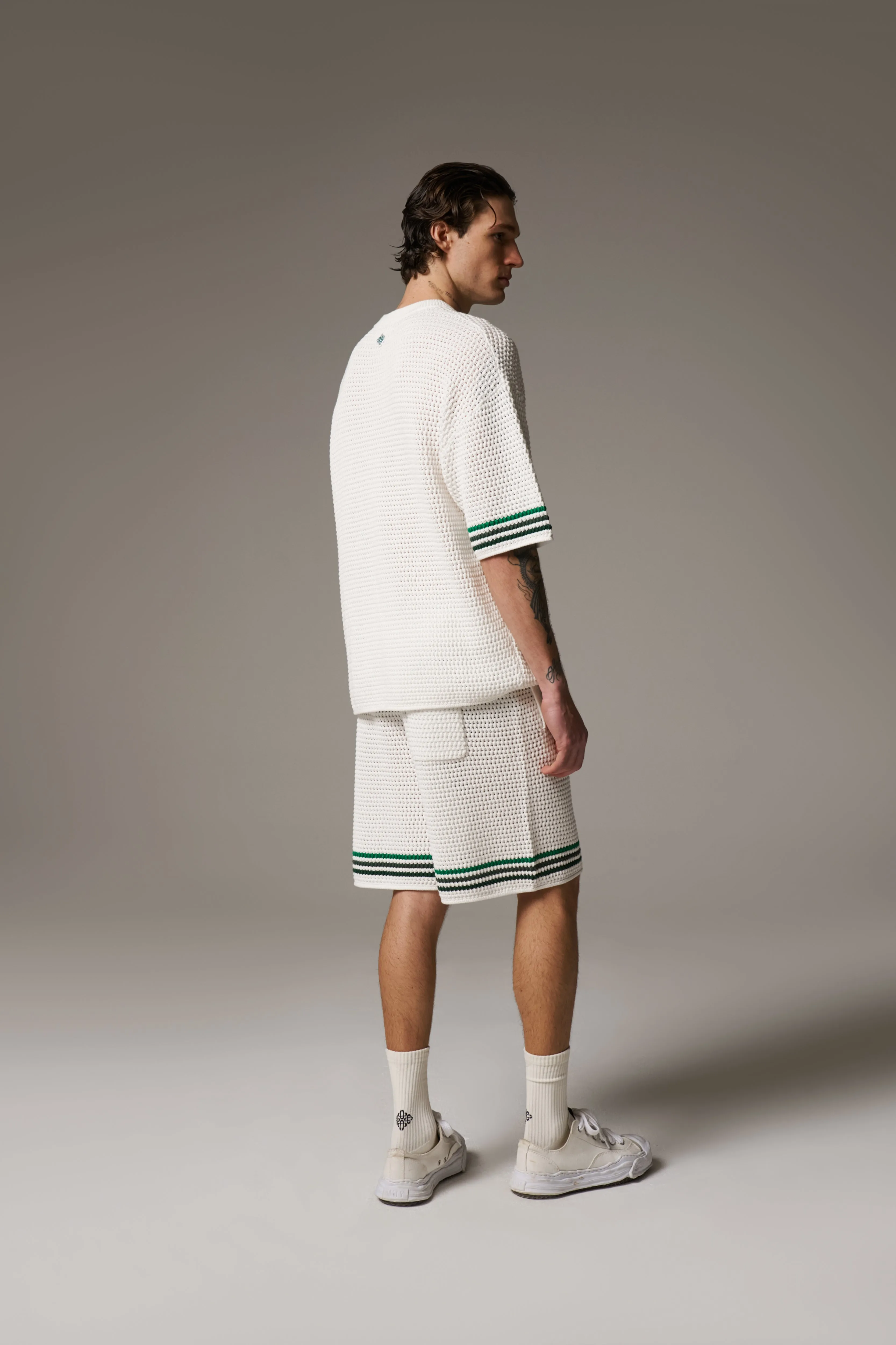 STRIPE CROCHET KNIT SHORTS - WHITE