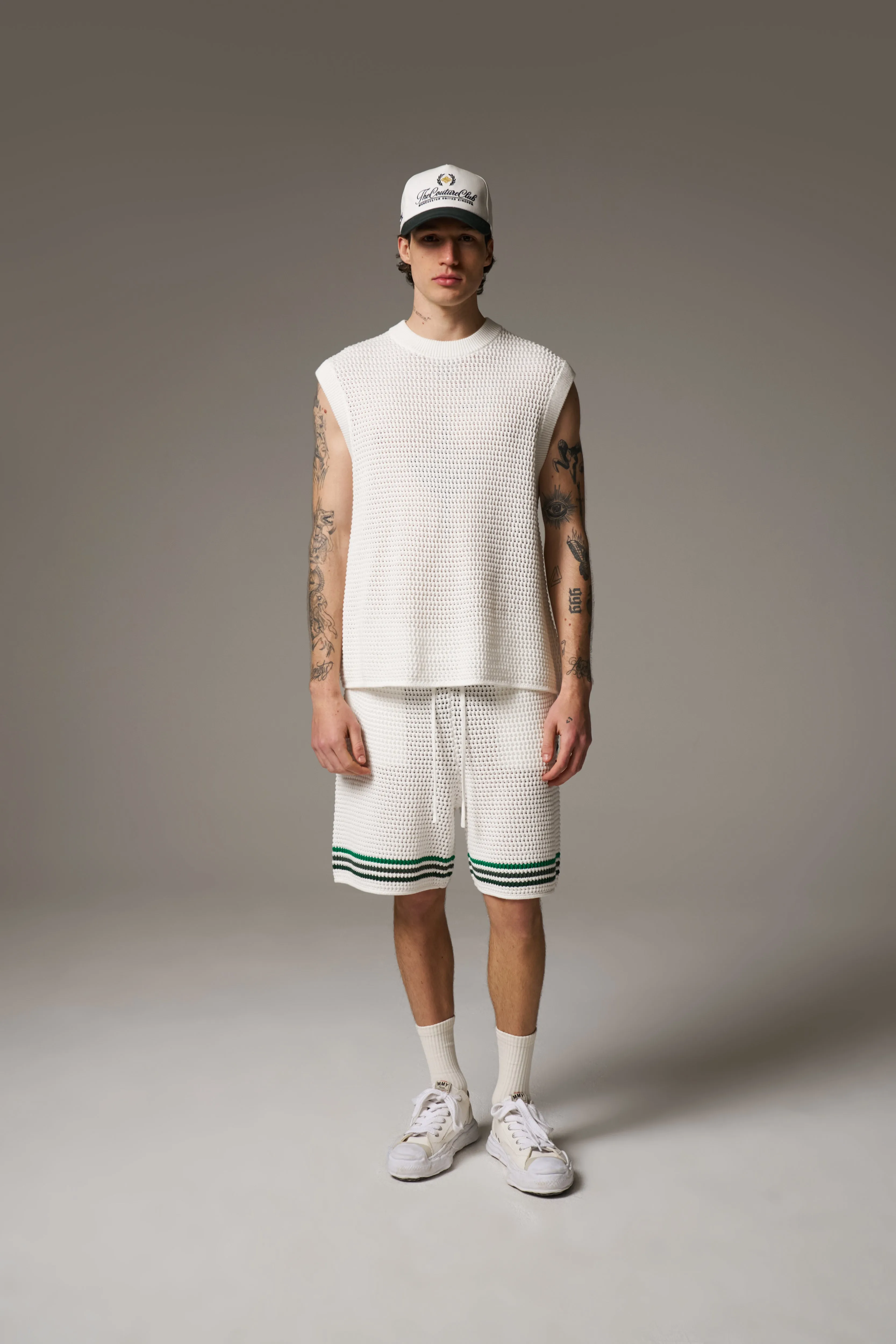 STRIPE CROCHET KNIT SHORTS - WHITE