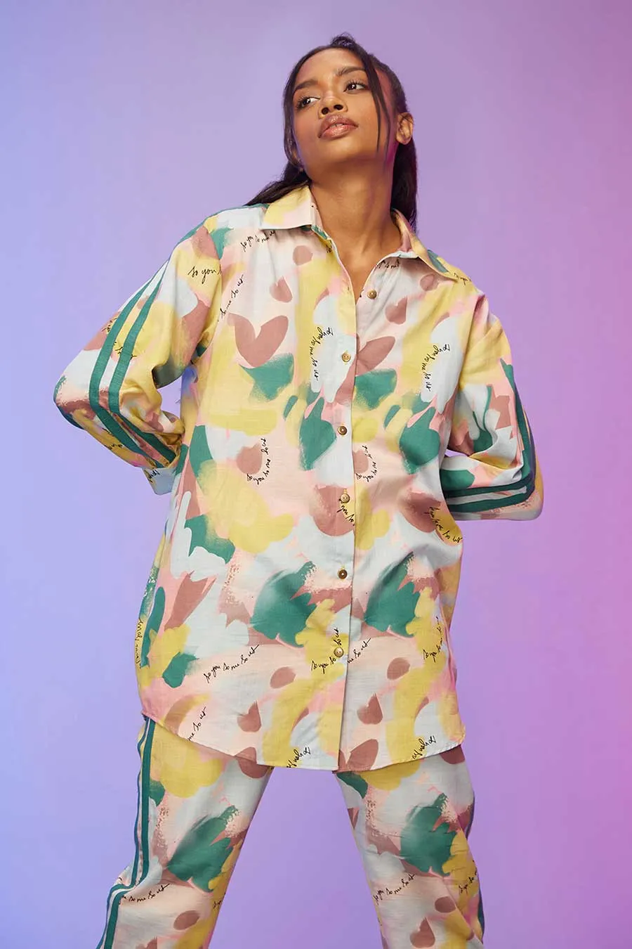 Yellow Printed Long Shirt & Pants Co-Ord Set