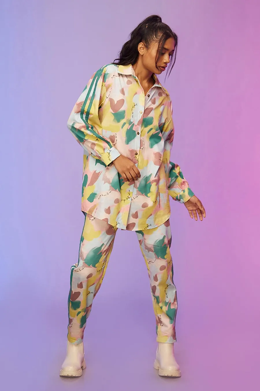 Yellow Printed Long Shirt & Pants Co-Ord Set