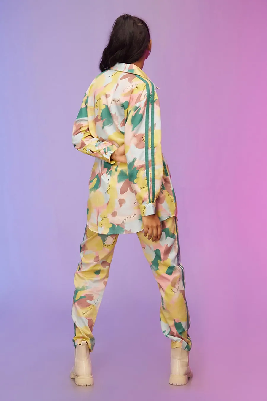 Yellow Printed Long Shirt & Pants Co-Ord Set