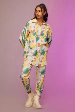 Yellow Printed Long Shirt & Pants Co-Ord Set