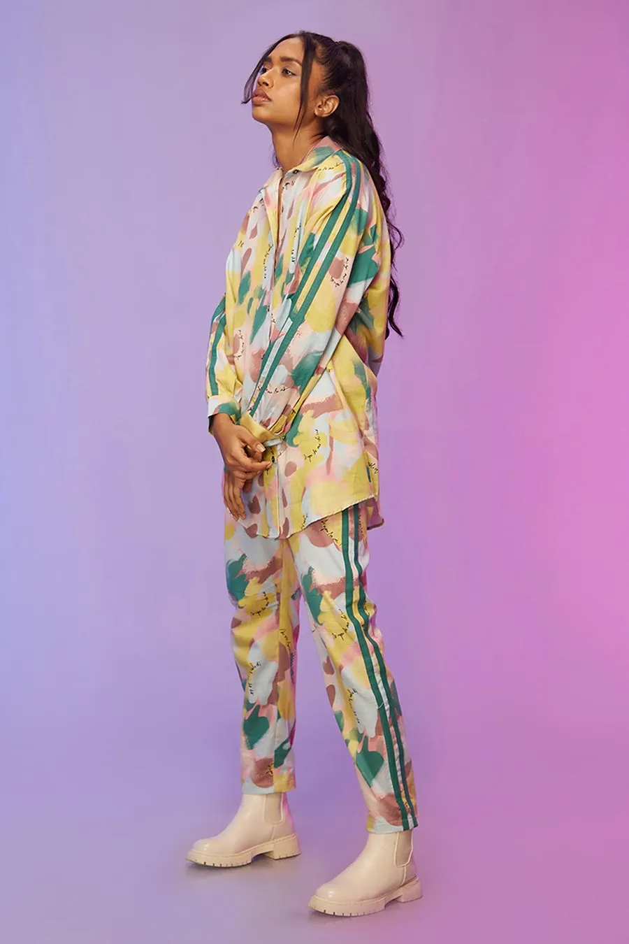 Yellow Printed Long Shirt & Pants Co-Ord Set